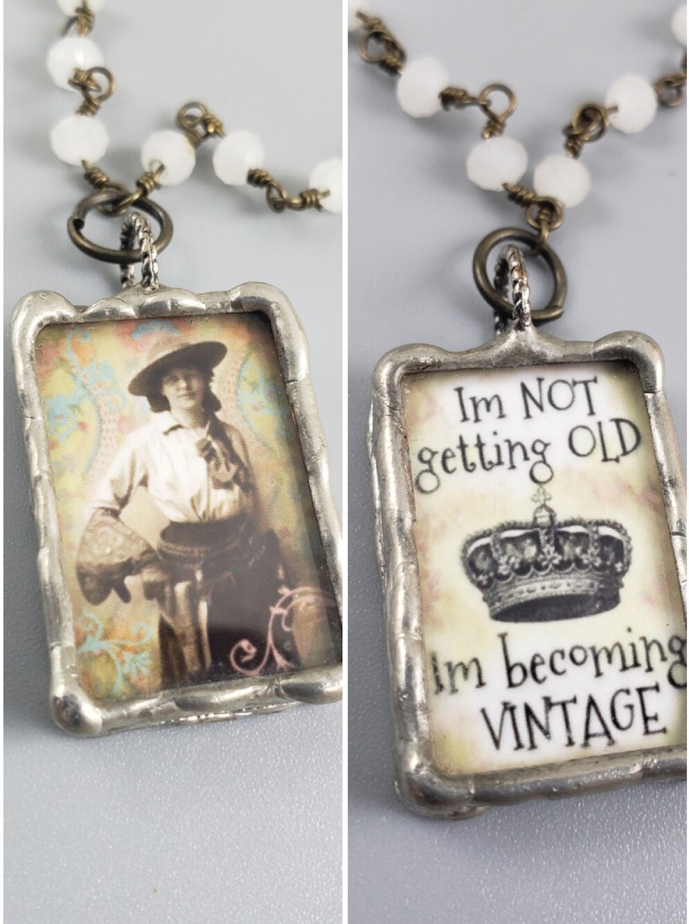 Folk Art 2 Sided "I'm Not Getting Old" Pendant w/White Beads & Cord Artisan Fun